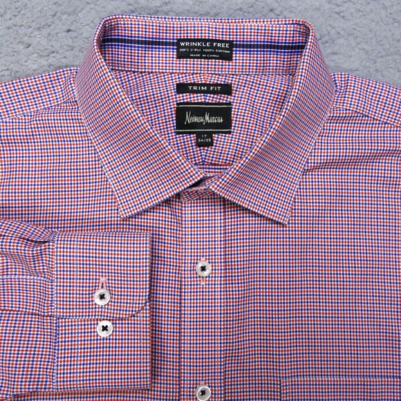 Neiman Marcus Shirt Mens 17 34/35 Trim Fit Orange Blue Button Long Sleeve Oxford - Picture 1 of 16